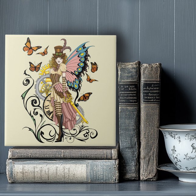 Steampunk Fairy Yellow Clock Gears Ceramic Tile (Creator Uploaded)