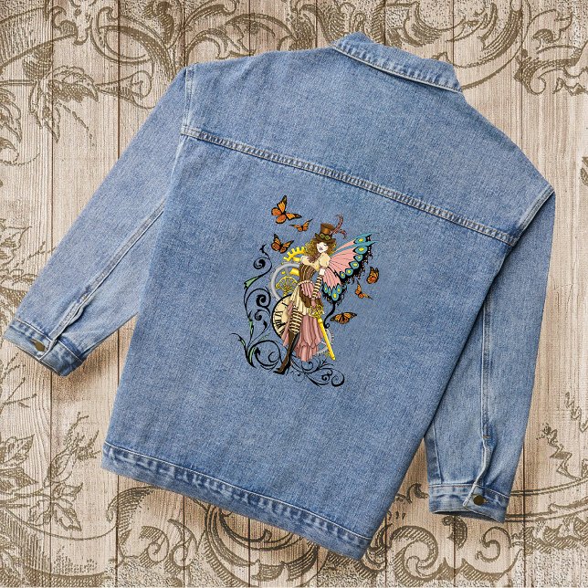 Steampunk Fairy Yellow Clock Gears Denim Jacket (Creator Uploaded)