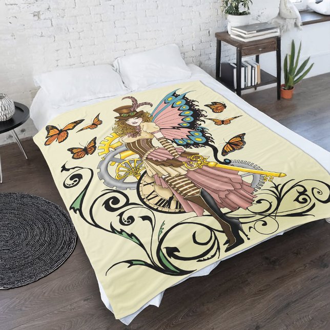Steampunk Fairy Yellow Clock Gears Fleece Blanket (Creator Uploaded)