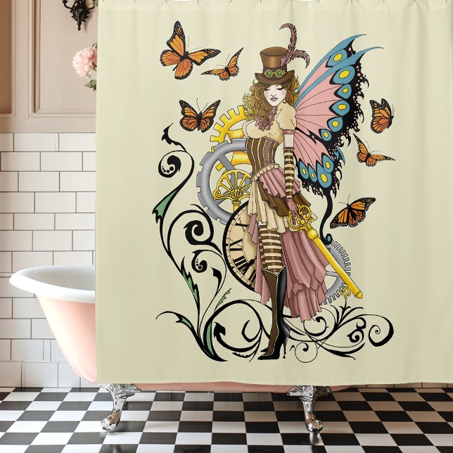 Steampunk Fairy Yellow Clock Gears Shower Curtain (Creator Uploaded)