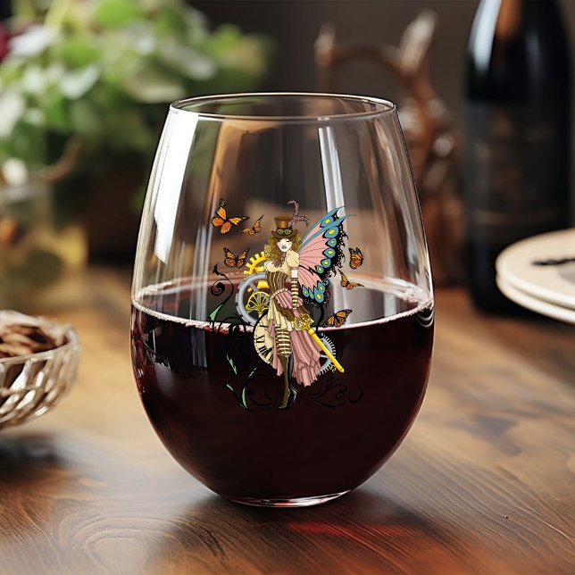 Steampunk Fairy Yellow Clock Gears Stemless Wine Glass (Creator Uploaded)