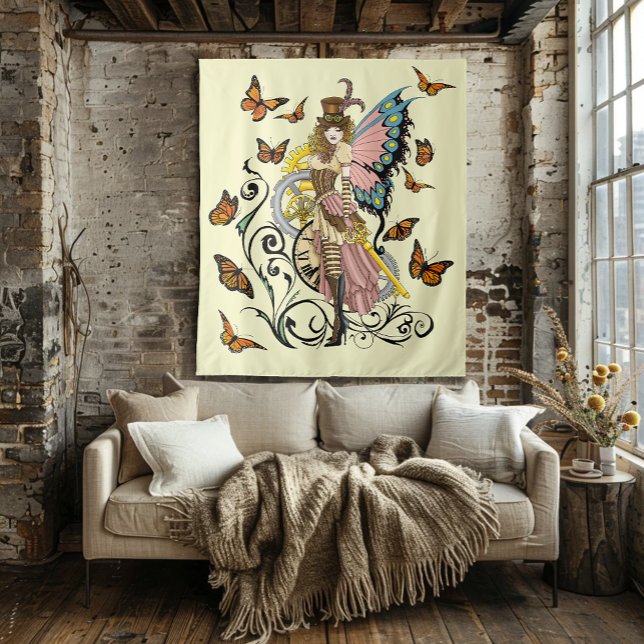 Steampunk Fairy Yellow Clock Gears Tapestry (Creator Uploaded)