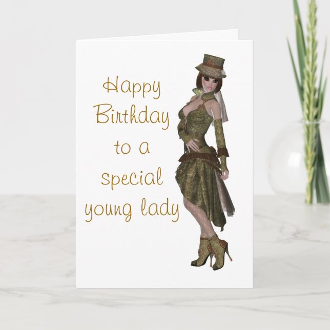 Steampunk fashion birthday card for young lady (Front)