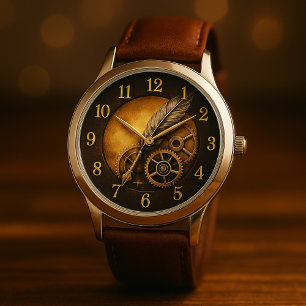 Steampunk Feather Clock – Antique Gold Art Watch