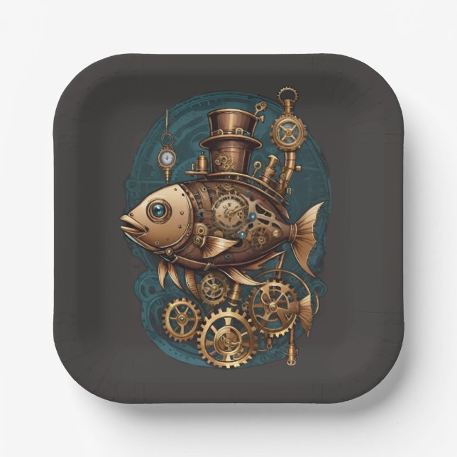 Steampunk Fish Vintage Retro Style Paper Plate (Front)