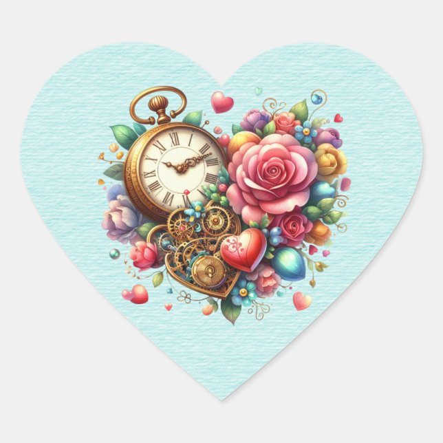  Steampunk Floral Bouquet Heart Heart Sticker (Front)