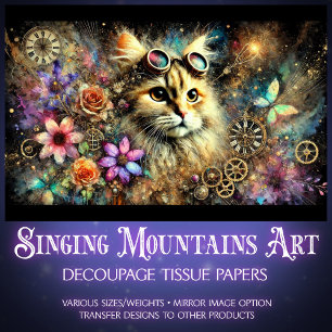 Steampunk Floral Fantasy Cat  Portrait Decoupage  Tissue Paper