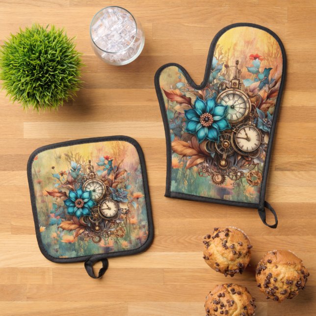 Steampunk Floral Oven Mitt & Pot Holder Set (Top Down)
