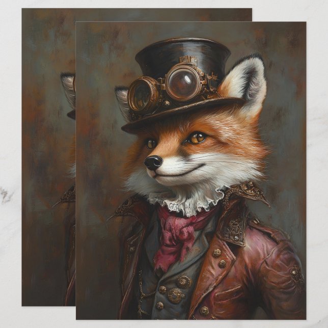 Steampunk Fox Wearing Goggles Scrapbook Paper (Front/Back)