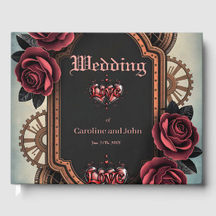 Steampunk Frame with Red Roses and Gears Guest Book