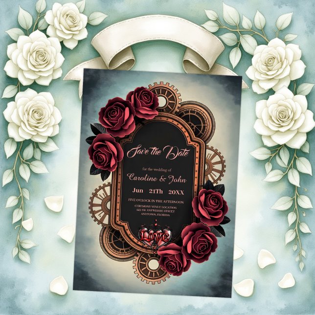 Steampunk Frame with Red Roses and Gears Save The Date (Creator Uploaded)