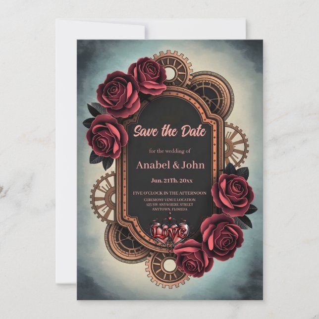 Steampunk Frame with Red Roses and Gears Save The Date (Front)