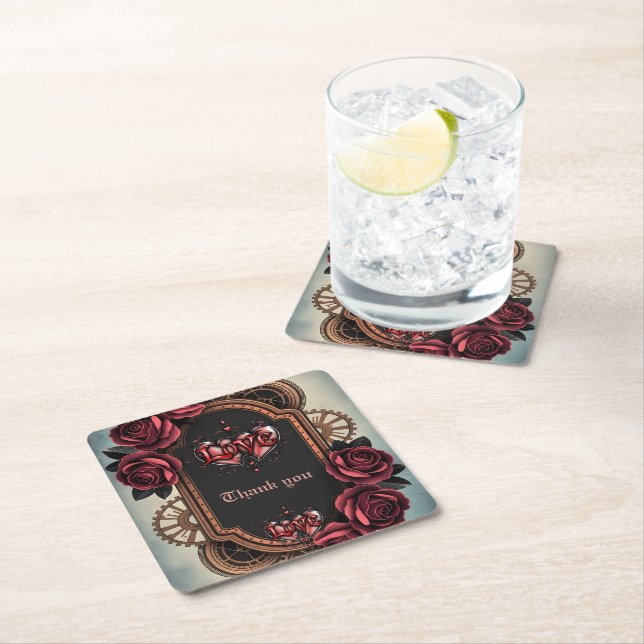 Steampunk Frame with Red Roses and Gears Square Paper Coaster (Insitu)