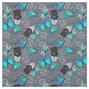 Steampunk Funky Gothic Grey and Blue Patterned Fabric