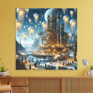 Steampunk Futuristic Ancient City with Jellyfish Canvas Print