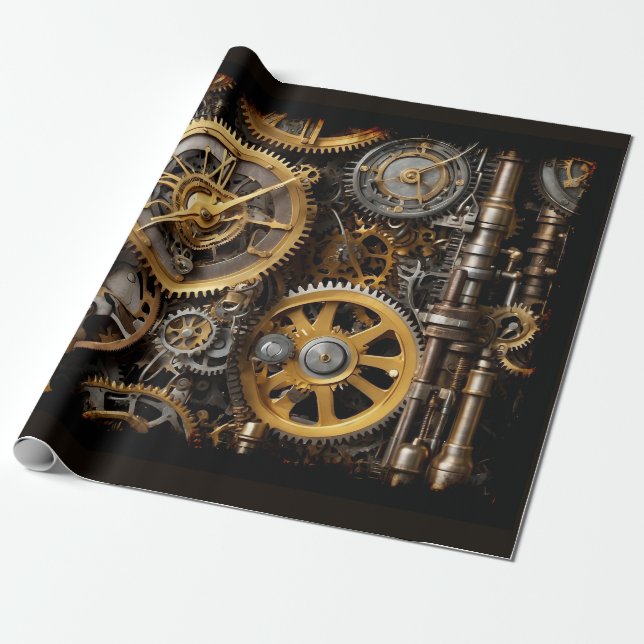Steampunk Gear and Lever Engine Wrapping Paper (Unrolled)
