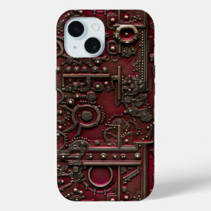 Steampunk Gear Burgundy Red Retrofuturism iPhone 15 Case