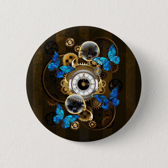 Steampunk Gears and Blue Butterflies 6 Cm Round Badge (Front)