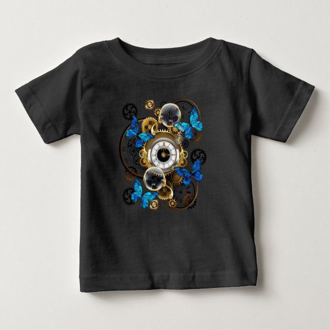 Steampunk Gears and Blue Butterflies Baby T-Shirt (Front)