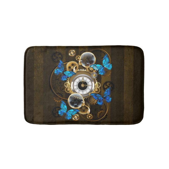 Steampunk Gears and Blue Butterflies Bath Mat (Front)