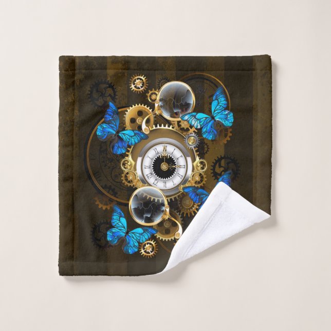 Steampunk Gears and Blue Butterflies Bath Towel Set (Wash Cloth)