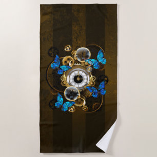 Steampunk Gears and Blue Butterflies Beach Towel