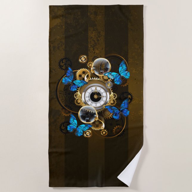 Steampunk Gears and Blue Butterflies Beach Towel (Front)