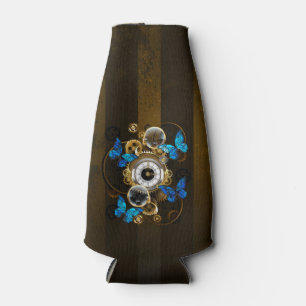 Steampunk Gears and Blue Butterflies Bottle Cooler