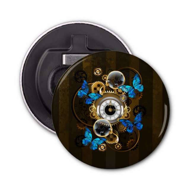 Steampunk Gears and Blue Butterflies Bottle Opener (Front)