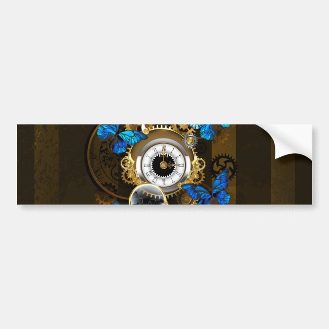 Steampunk Gears and Blue Butterflies Bumper Sticker (Front)