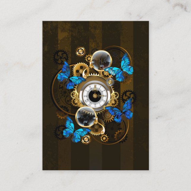 Steampunk Gears and Blue Butterflies Business Card (Front)