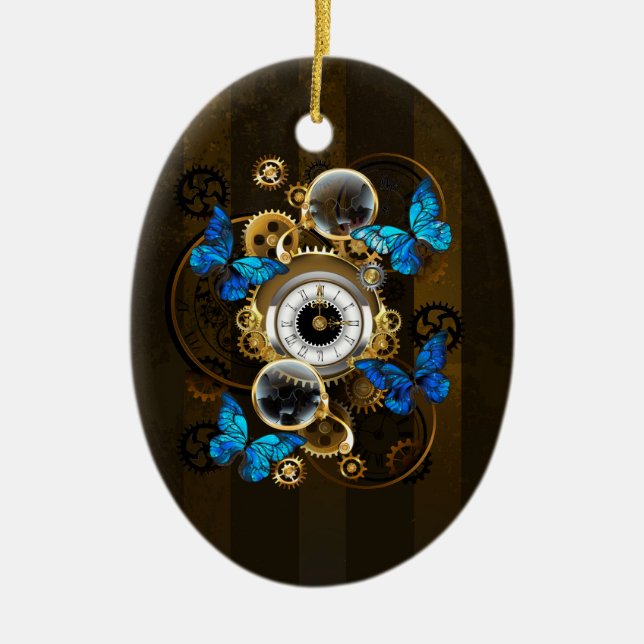 Steampunk Gears and Blue Butterflies Ceramic Ornament (Front)