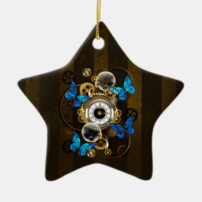 Steampunk Gears and Blue Butterflies Ceramic Ornament (Front)