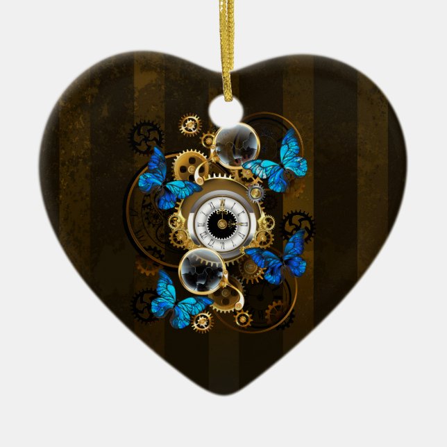 Steampunk Gears and Blue Butterflies Ceramic Ornament (Front)