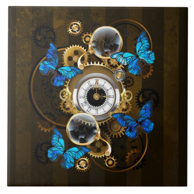 Steampunk Gears and Blue Butterflies Ceramic Tile (Front)