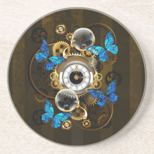Steampunk Gears and Blue Butterflies Coaster
