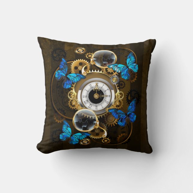 Steampunk Gears and Blue Butterflies Cushion (Front)