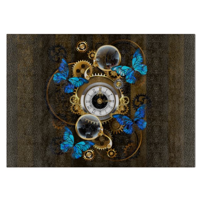 Steampunk Gears and Blue Butterflies Cutting Board (Front)