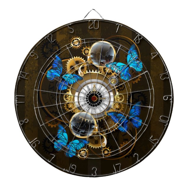 Steampunk Gears and Blue Butterflies Dartboard (Front)
