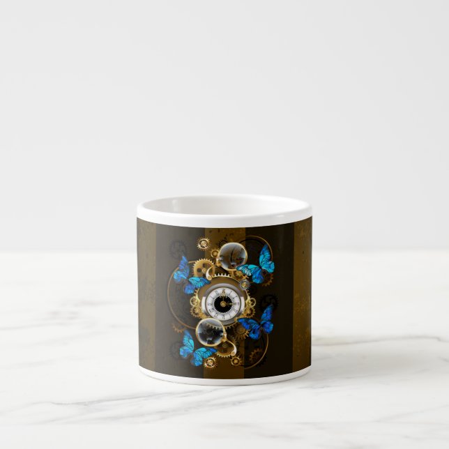 Steampunk Gears and Blue Butterflies Espresso Cup (Front)