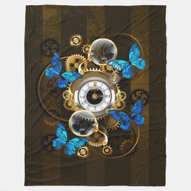 Steampunk Gears and Blue Butterflies Fleece Blanket (Front)