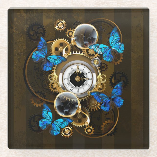 Steampunk Gears and Blue Butterflies Glass Coaster (Front)