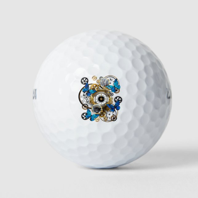 Steampunk Gears and Blue Butterflies Golf Balls (Front)