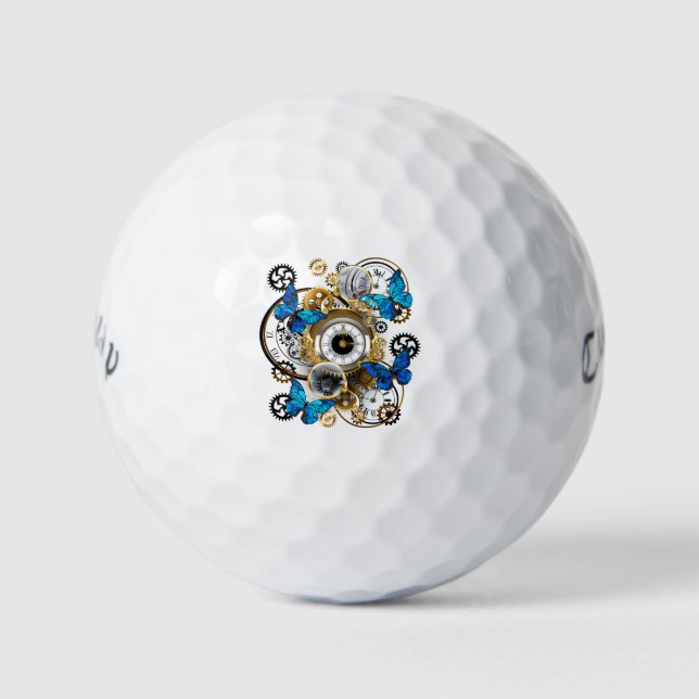 Steampunk Gears and Blue Butterflies Golf Balls (Front)