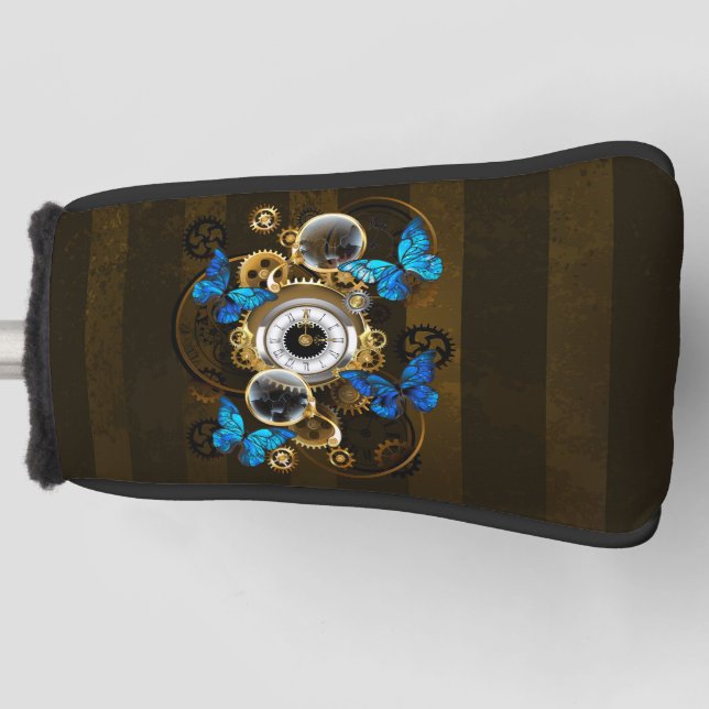 Steampunk Gears and Blue Butterflies Golf Head Cover (Front)