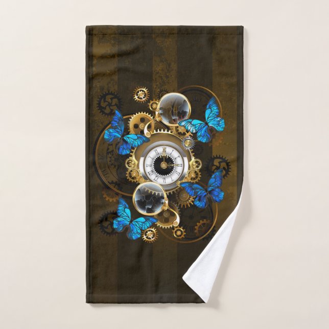 Steampunk Gears and Blue Butterflies Hand Towel (Hand Towel)