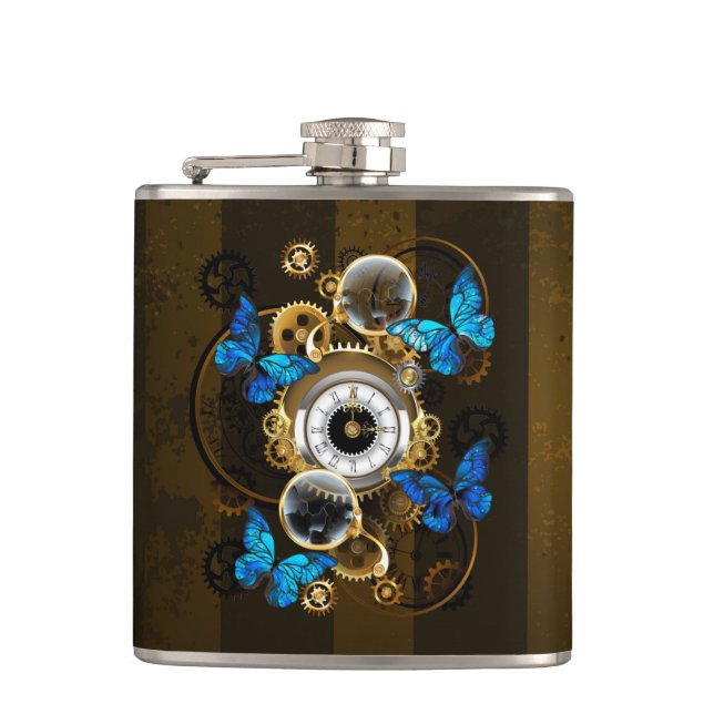 Steampunk Gears and Blue Butterflies Hip Flask (Front)