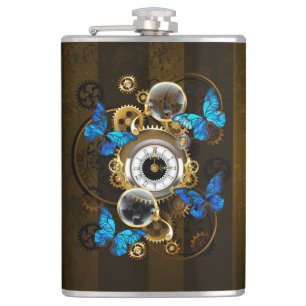 Steampunk Gears and Blue Butterflies Hip Flask