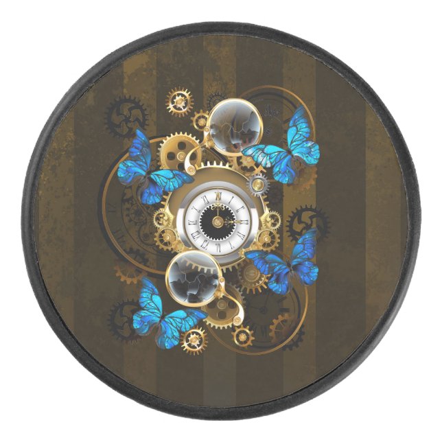Steampunk Gears and Blue Butterflies Hockey Puck (Front)