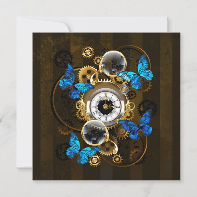 Steampunk Gears and Blue Butterflies Holiday Card (Front)